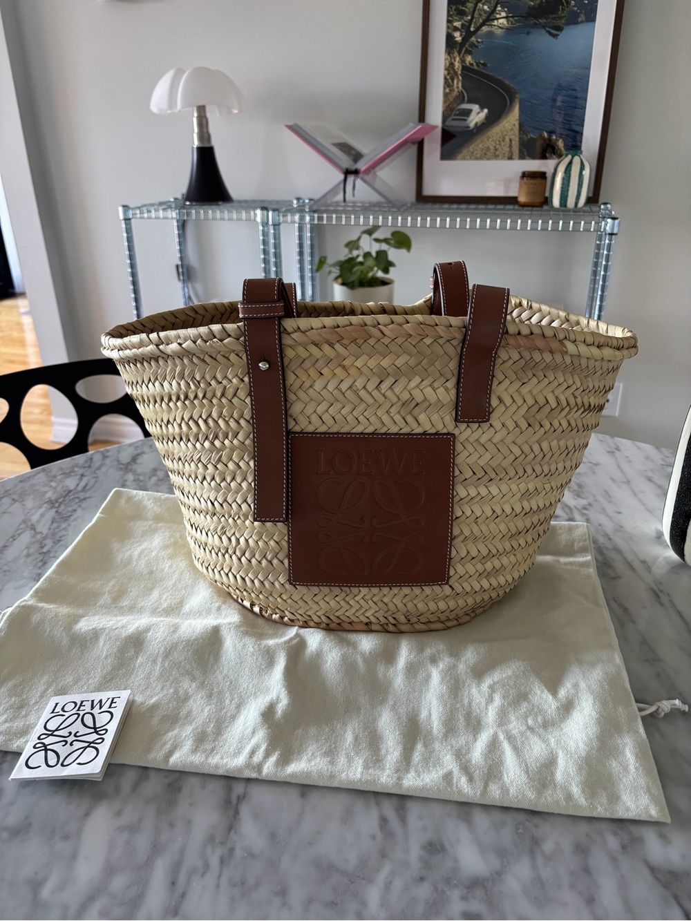 Loewe Natural Straw Tote with Brown Leather Patch and Handles
